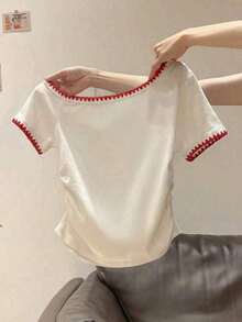 Camiseta de manga corta casual de cuello redondo con bloques de color para mujer - Blanco - Ver 2