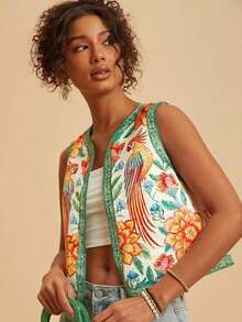 Chaleco ligero de mujer con bordado floral y de loro, chaleco bohemio, chaleco floral, estilo casual de mujer, atuendo para salir, atuendos elegantes, estilo campestre para mujer, atuendos casuales, chaleco elegante - Verde - Ver 8