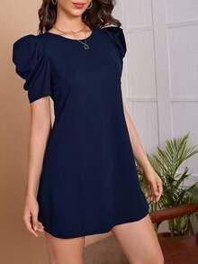 Clasi Vestido sólido negro con mangas abullonadas para mujer, vestido de - Azul marino - Ver 5
