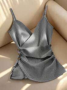Nuevo top de tirantes finos con volantes y decoración de botones cruzados en la parte delantera, a rayas, para mujer, primavera/verano - Blanco y Negro - Ver 1
