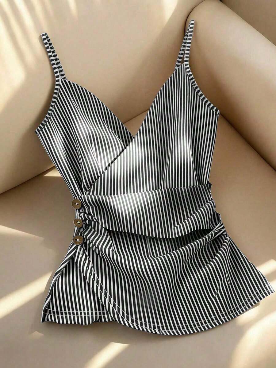 Nuevo top de tirantes finos con volantes y decoración de botones cruzados en la parte delantera, a rayas, para mujer, primavera/verano - Blanco y Negro - Ver 1