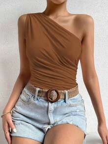 Top con un solo hombro, plisado a un lado, cuello asimétrico, ajuste delgado, blanco liso, para mujer, atuendo de primavera/verano, fiesta/discoteca - Café integral - Ver 5