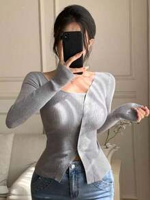 Blusa casual de mujer de punto acanalado con botones y manga corta - Gris Claro - Ver 5