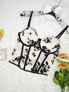 1 pieza Nueva Camiseta de Tirantes Ajustada de Malla Transparente con Estampado Floral, Corpiño Ajustado Sexy para Mujer, Adecuado para Fiesta, Cita, Vacaciones, Navidad, Halloween, Día de San Valentín, Acción de Gracias, Regalo de Año Nuevo Casual V - Albaricoque - Ver 7