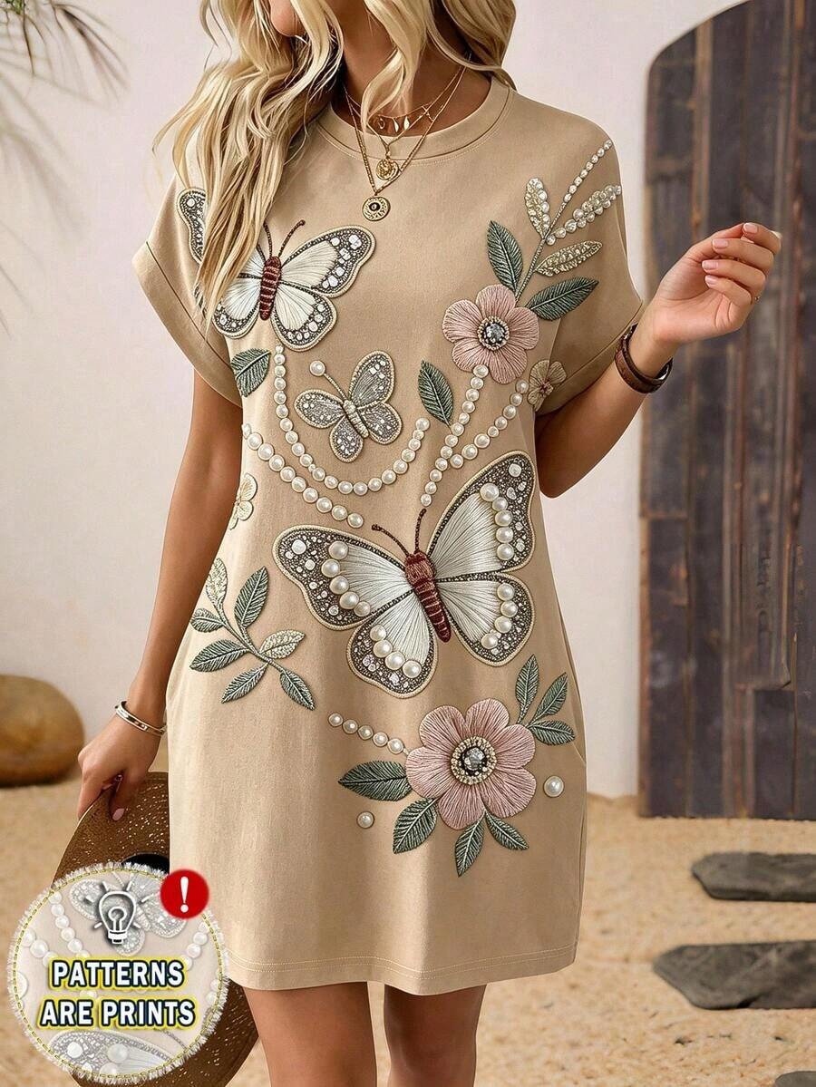 Vestido casual de mujer de cuello redondo y longitud media con estampado, para verano - Multicolor 6 - Ver 1