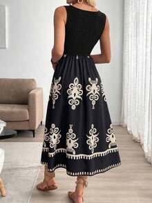 Vestido ajustado sin mangas con estampado de retazos de estilo vacacional para mujer - Negro - Ver 2