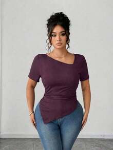Camiseta de manga corta de cuello asimétrico para mujer talla grande, top ajustado versátil y elegante de alta gama, adecuado para primavera/verano - Morado - Ver 3
