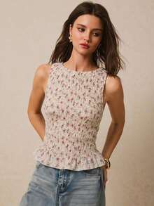 Camiseta de mujer informal de cuello redondo con pliegues de color liso y versátil - Multicolor - Ver 2