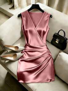 Vestido ajustado con cuello en V sin mangas, cintura plisada e irregular, vestido de satén para mujer, vestido de primavera/verano para mujer, vestido elegante de fiesta para mujer, atuendo de vacaciones para mujer, atuendo del Día de San Valentí - Rosa - Ver 1