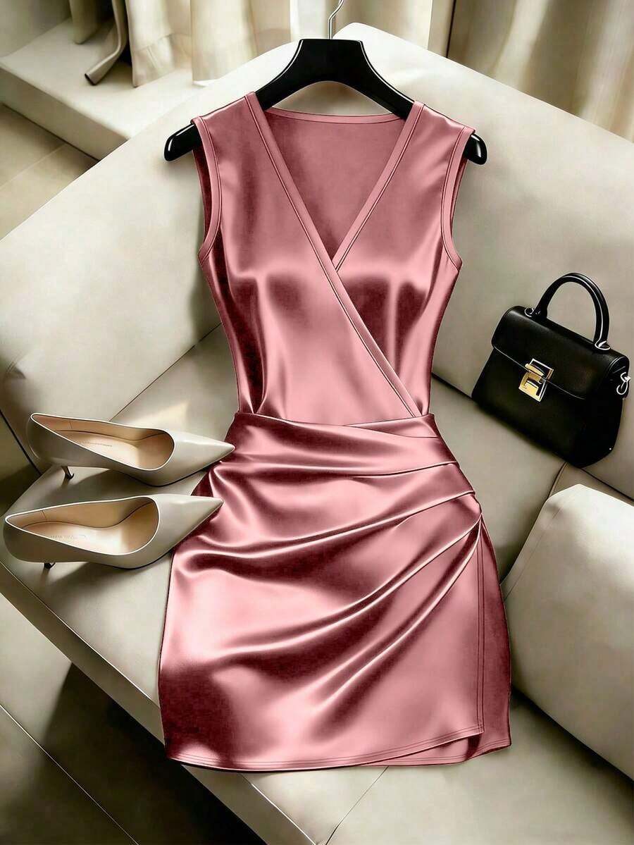 Vestido ajustado con cuello en V sin mangas, cintura plisada e irregular, vestido de satén para mujer, vestido de primavera/verano para mujer, vestido elegante de fiesta para mujer, atuendo de vacaciones para mujer, atuendo del Día de San Valentí - Rosa - Ver 1