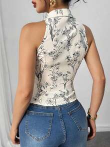 camisa sin mangas para ir al trabajo y de vacaciones con cuello vuelto, lazo y estampado floral 3D, color azul - Albaricoque - Ver 2