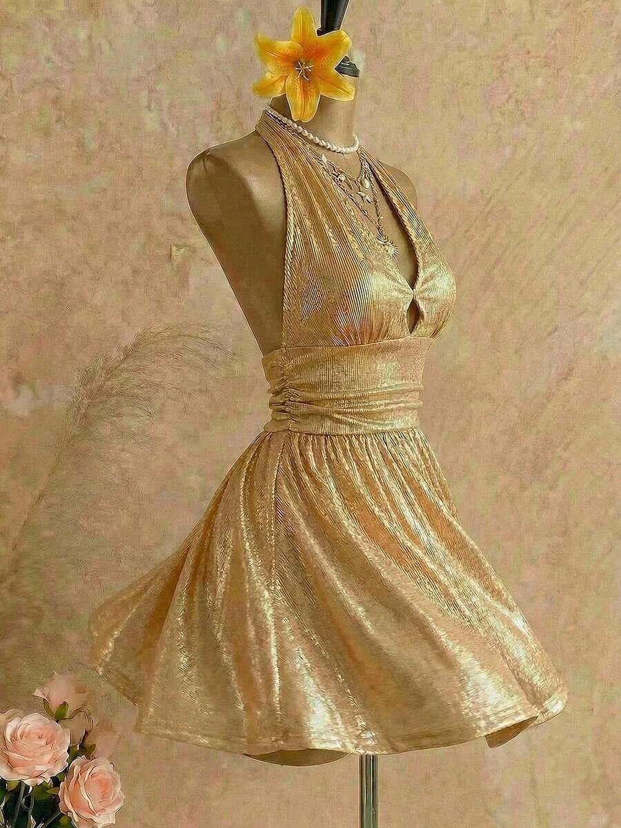 Vestido de fiesta elegante de mujer con estampado de cerezas, escote halter, espalda descubierta y cintura fruncida - Dorado - Ver 1
