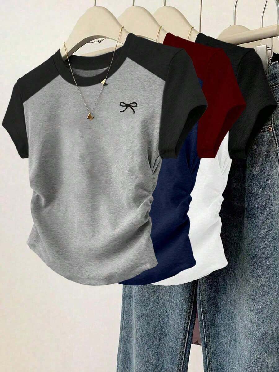 Set de 3 camisetas de mujer de manga corta, cuello redondo, unicolor, con detalle de volantes y estampado de mariposa, de estilo casual y slim para el verano - Multicolor - Ver 1