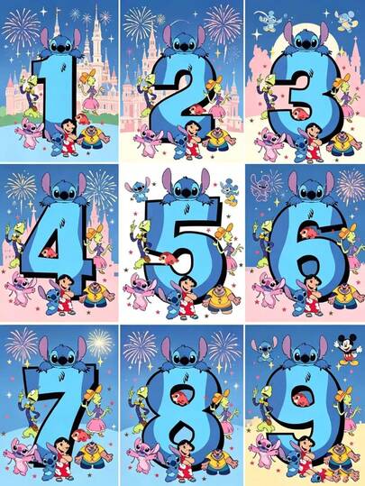  9 piezas Pegatinas de números de Lilo y Stitch estilo Kawaii, calcomanías Disney lindas, pegatinas impermeables para decoración de cumpleaños, diario, planificador, suministros DIY estéticos