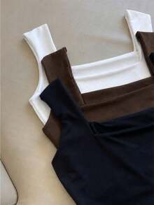 Set Of 3 Premium Basic Cropped Tops With Square Neck, Minimalist Tank Top, Structured Fabric, Casual Fashion, Blogger Style 2026 - Brown/Black/White - View 5