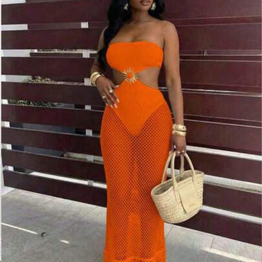 BamGlam Women's Sexy Hollow Out Fishnet Design Strapless Vacation/Date Dress - Naranja - Ver 1