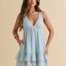 X    Women's Summer Gentle Vacation Style Solid Color Deep V-Neck Layered Ruffle Hem Sleeveless Dress - Azul - Ver 5
