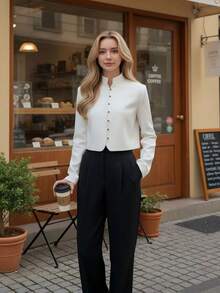 Blusa corta de manga larga con cuello mao y botones, elegante blusa delgada de unicolor, estilo chino moderno para mujer - Blanco - Ver 3