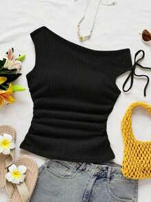 Blusa de punto con textura de burbujas de color albaricoque, con hombros asimétricos y cintura anudada, de corte ajustado, adecuada para fiesta, cita, paseo por la ciudad, viaje por carretera, playa de verano - Negro - Ver 4