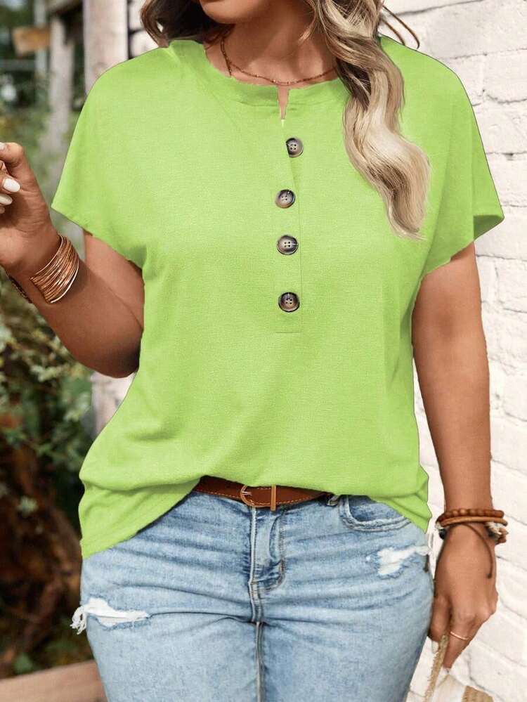 Camiseta de manga corta con botones talla grande - Verde - Añade 6