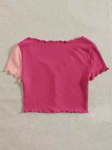 Camiseta casual de mujer con botones, mangas cortas y volantes de color contrastante - Rosa Fucsia - Ver 2