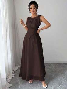 Vestido maxi casual, romántico, vintage y elegante de gasa para mujer con cordón en la cintura, para la playa, el té de la tarde, fiestas de noche, uso diario, sin mangas, de unicolor, vestido largo, primavera/verano - Marrón - Ver 4
