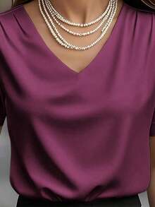 1 pieza Blusa de mujer de unicolor de satén con cuello en V y manga corta, elegante y de moda para uso diario, oficina, hogar, citas, primavera/verano, color negro casual - Morado - Ver 3