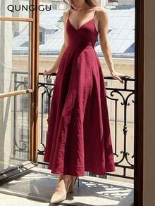 Vestido midi elegante de mujer con escote en V, vestido de tirantes de textura de lino en corte evasé, adecuado para verano, playa, boda, fiesta, cóctel - Burdeos - Ver 1