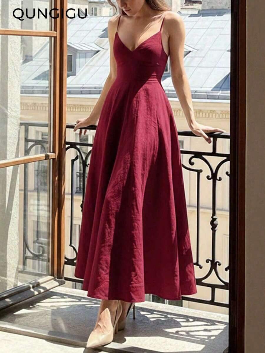 Vestido midi elegante de mujer con escote en V, vestido de tirantes de textura de lino en corte evasé, adecuado para verano, playa, boda, fiesta, cóctel - Burdeos - Ver 1