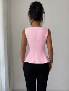 Blusa elegante de cuello cuadrado sin mangas para mujer, adecuada para la oficina, el transporte, el té de la tarde, las fiestas, las vacaciones y ocasiones casuales - Rosa - Ver 2