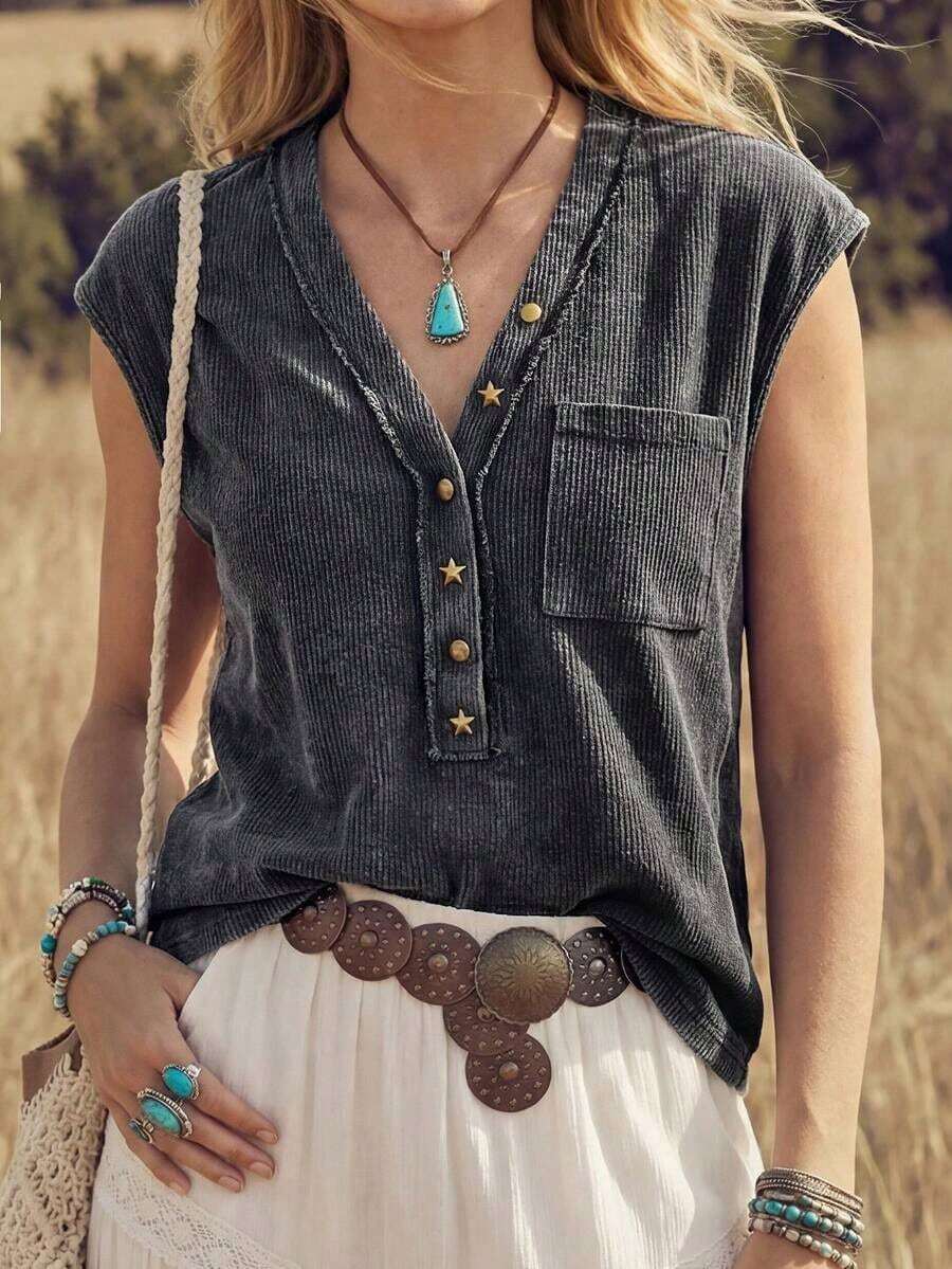 Camiseta de punto de gofre de cuello en V sólido, de manga corta, casual para primavera y verano - Negro - Ver 1