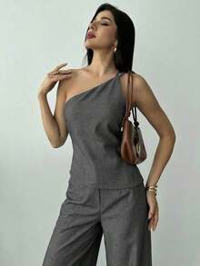 Nuevo conjunto de verano elegante de vacaciones de 2 piezas de lino, con top de cintura fruncida y espalda descubierta de dobladillo asimétrico en color albaricoque y pantalón largo de cintura alta - Gris Oscuro - Ver 3
