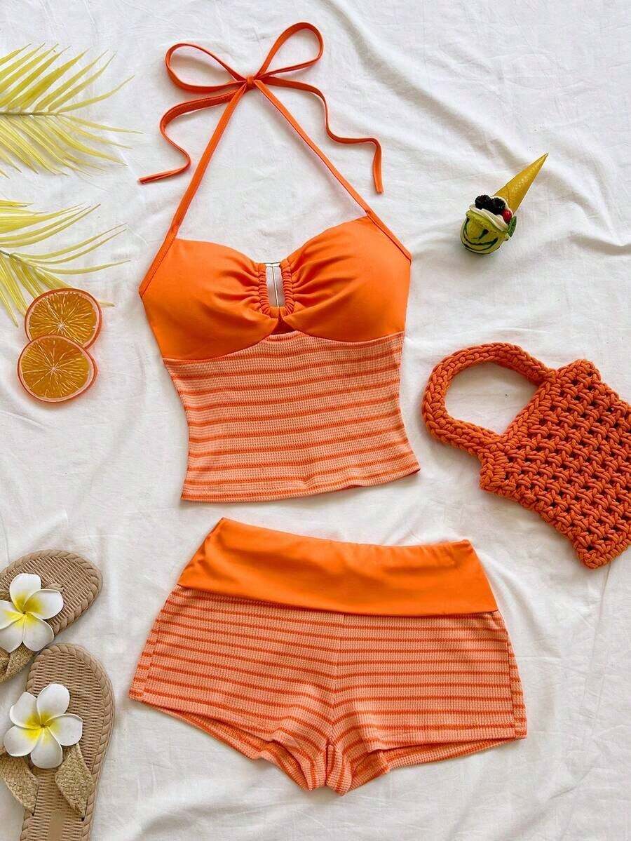 2 piezas Conjunto de camiseta de tirantes y pantalones cortos de punto a rayas con hebilla de metal, estilo casual de vacaciones, adecuado para fiesta, San Valentín, cita, discoteca, bohemio, vacaciones, otoño, ropa de mujer, vintage, días fest - Naranja - Ver 1