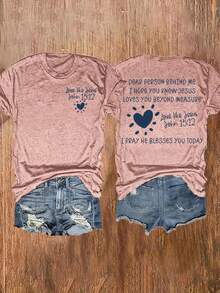 Camiseta de Cuello Redondo con Estampado de Escrituras y Letras, Top Casual de Manga Corta para Mujer, Ropa de Mujer - Transpirable y Amigable con la Piel - Gris Oscuro - Ver 8