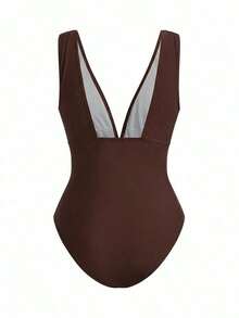 Swim Oasis Conjunto elegante de retro con estampado en espiral de un solo pieza de traje de baño coordinado con pantalón de pierna ancha, conjunto de vacaciones elegante para mujeres - Marrón Chocolate - Ver 4
