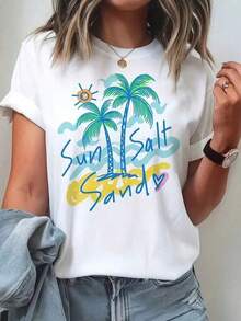Women's T-Shirt With Tropical Palm Tree Graphic - Short-Sleeved, Round Neck, Breathable, Soft, Turquoise And Coral Print T-Shirt For Casual And Elegant Wear, Comfortable All Year Round, White Women's T-Shirt - 白色 - 查看 1