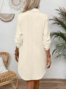 LUNE Vestido camisero casual de mujer de un solo abotonado, unicolor, con mangas enrollables y corte holgado - Naranja - Ver 9