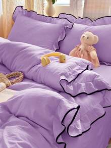 3 piezas Juego de ropa de cama de gasa con volantes (1*Funda nórdica + 2*Fundas de almohada), Suave y cómodo, Adecuado para dormitorio, Gran regalo - Lila Púrpura - Ver 1