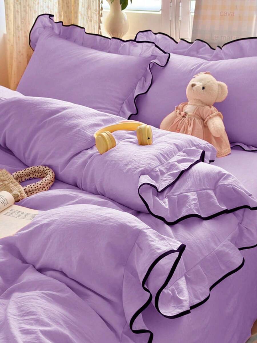 3 piezas Juego de ropa de cama de gasa con volantes (1*Funda nórdica + 2*Fundas de almohada), Suave y cómodo, Adecuado para dormitorio, Gran regalo - Lila Púrpura - Ver 1