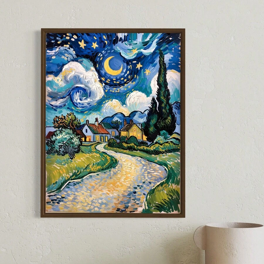 Tranh phong cảnh đêm đầy sao theo phong cách Van Gogh, tranh in trên vải bố, tranh tường nghệ thuật nông thôn, tranh trang trí nhà cửa cho phòng khách, phòng ngủ, văn phòng, không khung/có khung/móc treo bằng gỗ. - mẫu - Xem 1