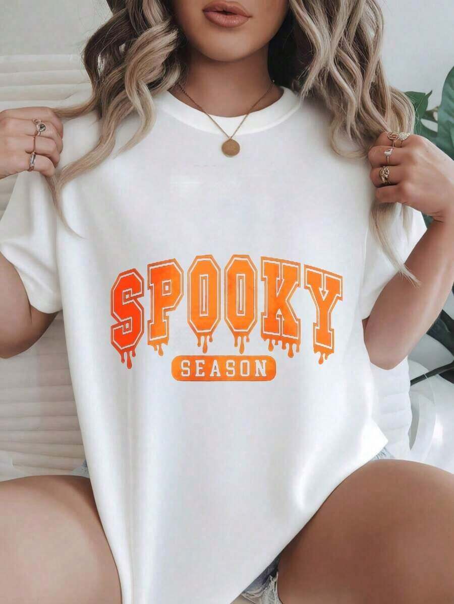 Camiseta Casual de Manga Corta para Mujer - Diseño de Fuente Naranja con Efecto Goteante para la Temporada de Halloween, Cuello Redondo, Top de Verano, Lavable a Máquina, Camisetas para Damas, Ropa Casual, Estilo Moderno, Ajuste Cómodo
Negro - Blanco - Ver 1