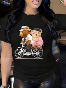 Camiseta estampada de osito de peluche, manga corta, cuello redondo, top casual para verano y primavera, ropa de mujerPure-Cotton - Negro - Ver 5
