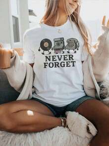 Vintage Graphic Print T-Shirt "Never Forget", Aesthetic, Short Sleeve, Round Neck, Casual Top For All Seasons, Women's Clothing Suitable For Spring, Summer And Autumn - 白色 - 查看 1