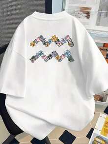 Camisetas de Talla Grande para Mujer - Camiseta Holgada de Hombros Caídos, Blusa Casual de Manga Corta, Camiseta de Manga Corta con Estampado Frontal y Trasero - Estampado Floral, Estilo Pintado a Mano - Camiseta Estampada de Primavera y Verano para Mujer, ¡Tu Mejor Opción!Transpirable y cómodo - Blanco - Ver 2