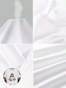 Camiseta Básica de Algodón para Vacaciones|   Estampado de la Divina Misericordia en Algodón de 180g, Blanco/Negro|   Camiseta Básica Unisex para Capas - Blanco - Ver 5
