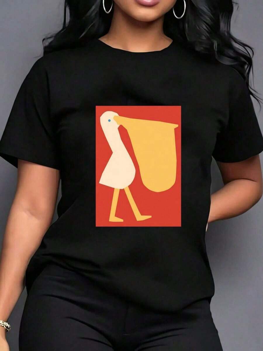1 pieza Camiseta minimalista con estampado gráfico de pato geométrico en colores primarios retro, camiseta casual de verano de manga corta, prenda básica para el día a día, 100% algodón. - Negro - Ver 1