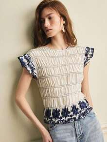 Blusa elegante para mujer, blusa vintage estilo francés, blusa de algodón para ir al trabajo, blusa ajustada con pliegues, blusa de color contrastante, blusa estampada, blusa versátil de cuello redondo con estampado para primavera/verano - Azul - Ver 4