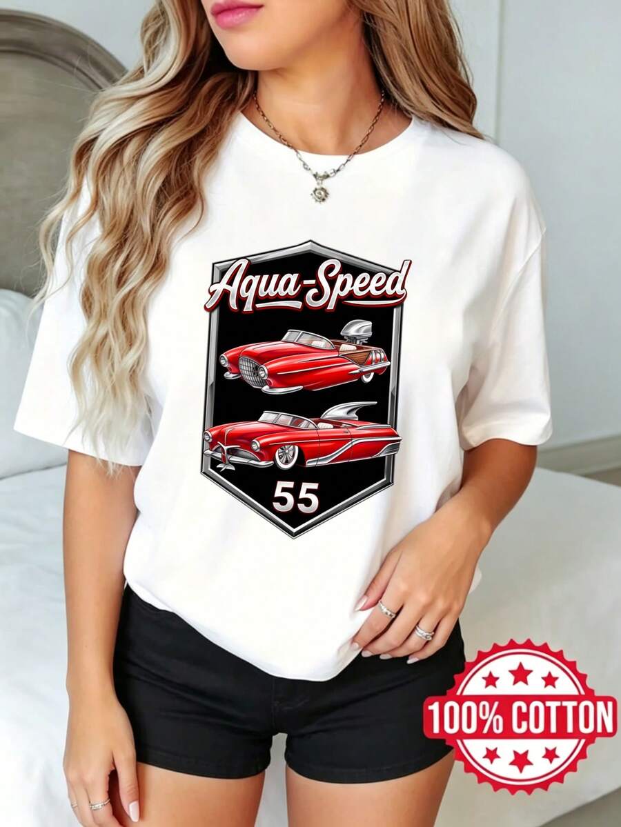 Camiseta de manga corta con cuello redondo y estampado para mujer, verano, estilo casual Aqua Speed Clic Cars 55 S-3XL 100% aodón material transpirable