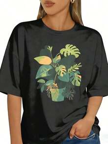 ropa de mujer Camiseta con estampado gráfico de diseño de plantas tropicales artísticas para decoración del hogar, top casual de manga corta y cuello redondo para verano y primavera, ropa de mujer camisas de mujer - Negro - Ver 6