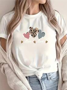 Women's Casual Short-Sleeved T-Shirt With Geometric Heart Print And Leopard Stripe Design, Round Neck, Love Design, Machine Washable, Versatile Women's Clothing For Urban Style And Vacation - 白色 - 查看 1
